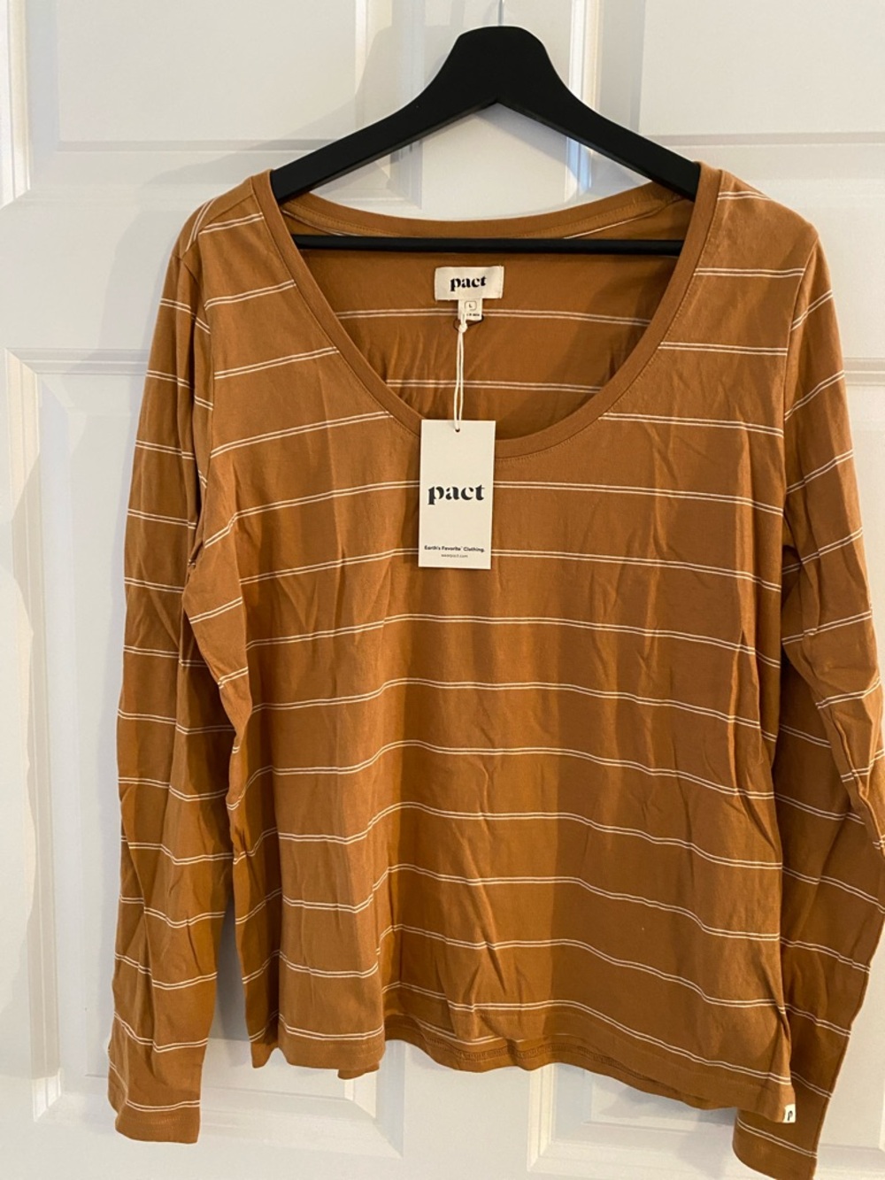Pact Long Sleeve Scoop Neck Stripe Top - Rust with White Stripes L